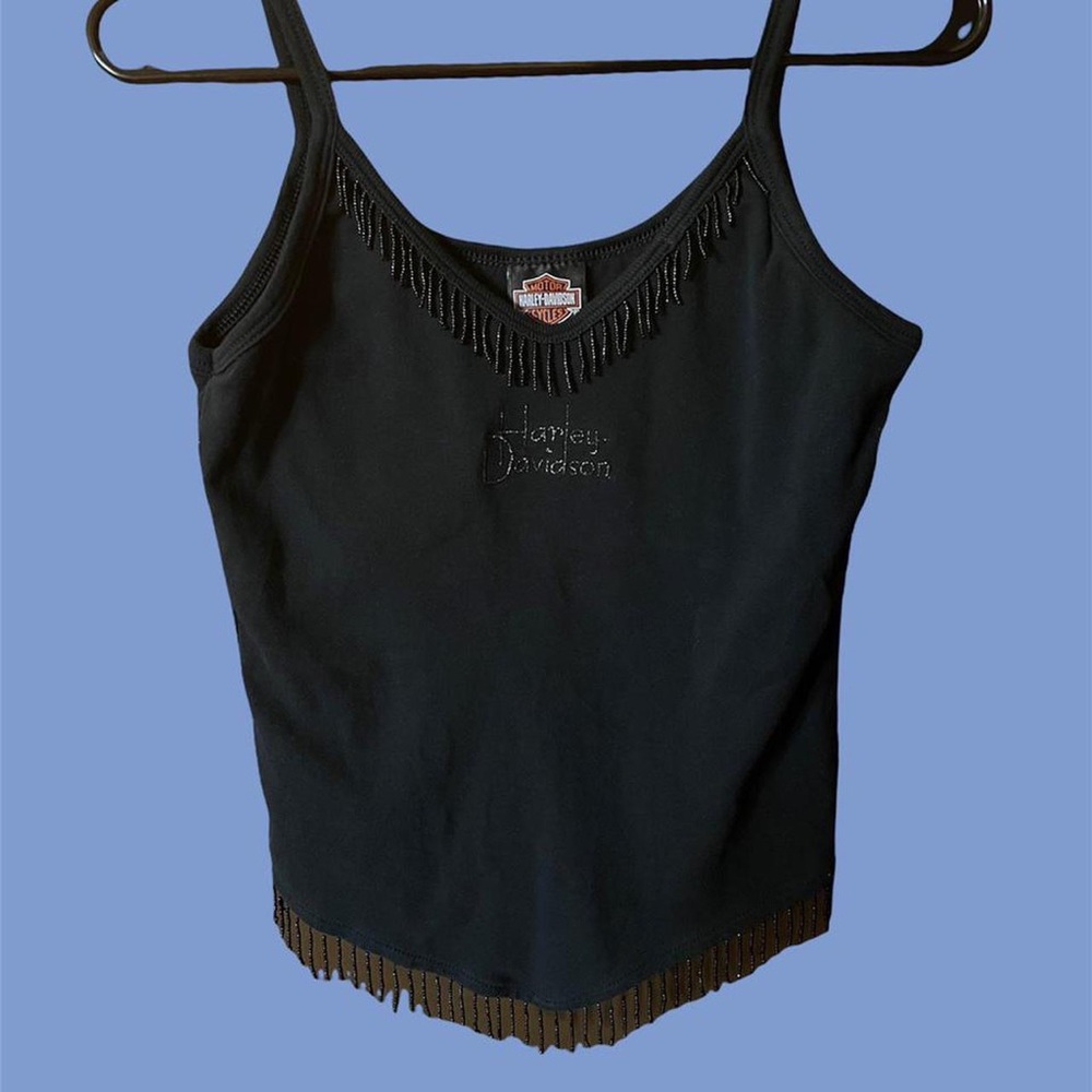 vintage 90s harley davidson black wildwood tanktop with tassel fringe & v-shape.
